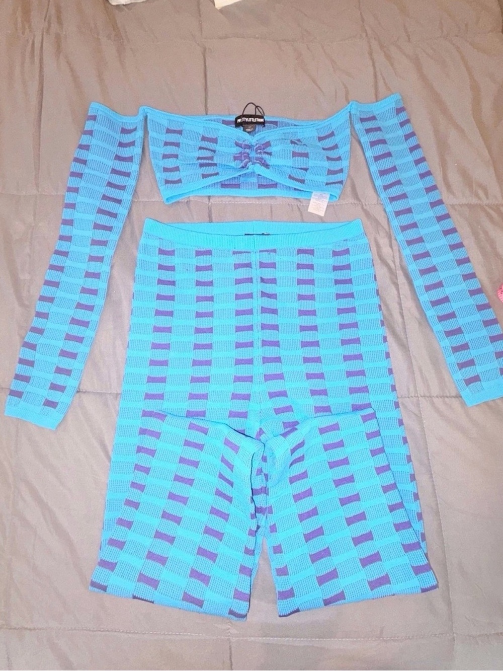 PrettyLittleThing Blue Purple Knit Crop Top Pants Set XS/M Y2K